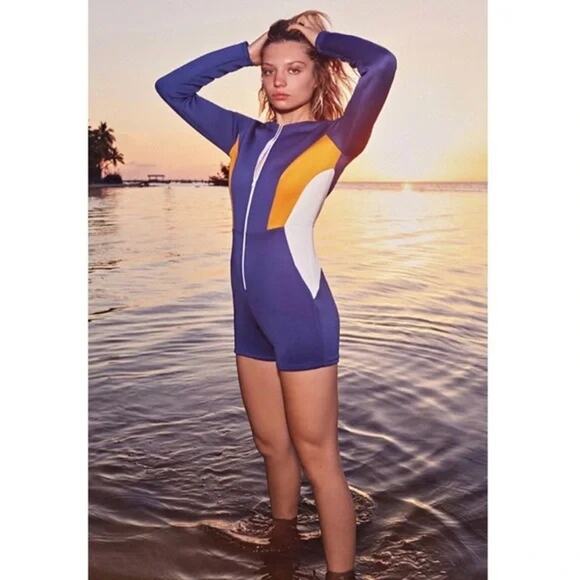 Urban Outfitters Wave to Rave Colorblock Zip Front Romper Dive Suit Blue White - Picture 1 of 9